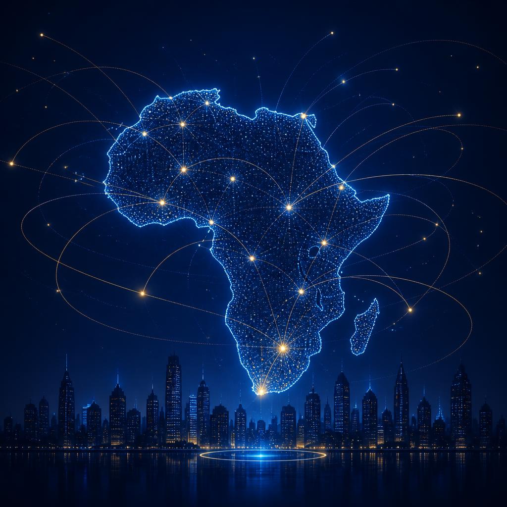 Illustration of a connected digital map of Africa above a city skyline